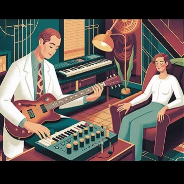 Picture of a doctor playing a guitar to patient receiving music therapy