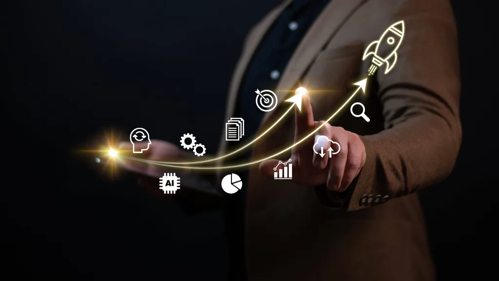 Photo of man wearing a suit pointing at virtual picture signifying ROI related to Website Design acrivities.